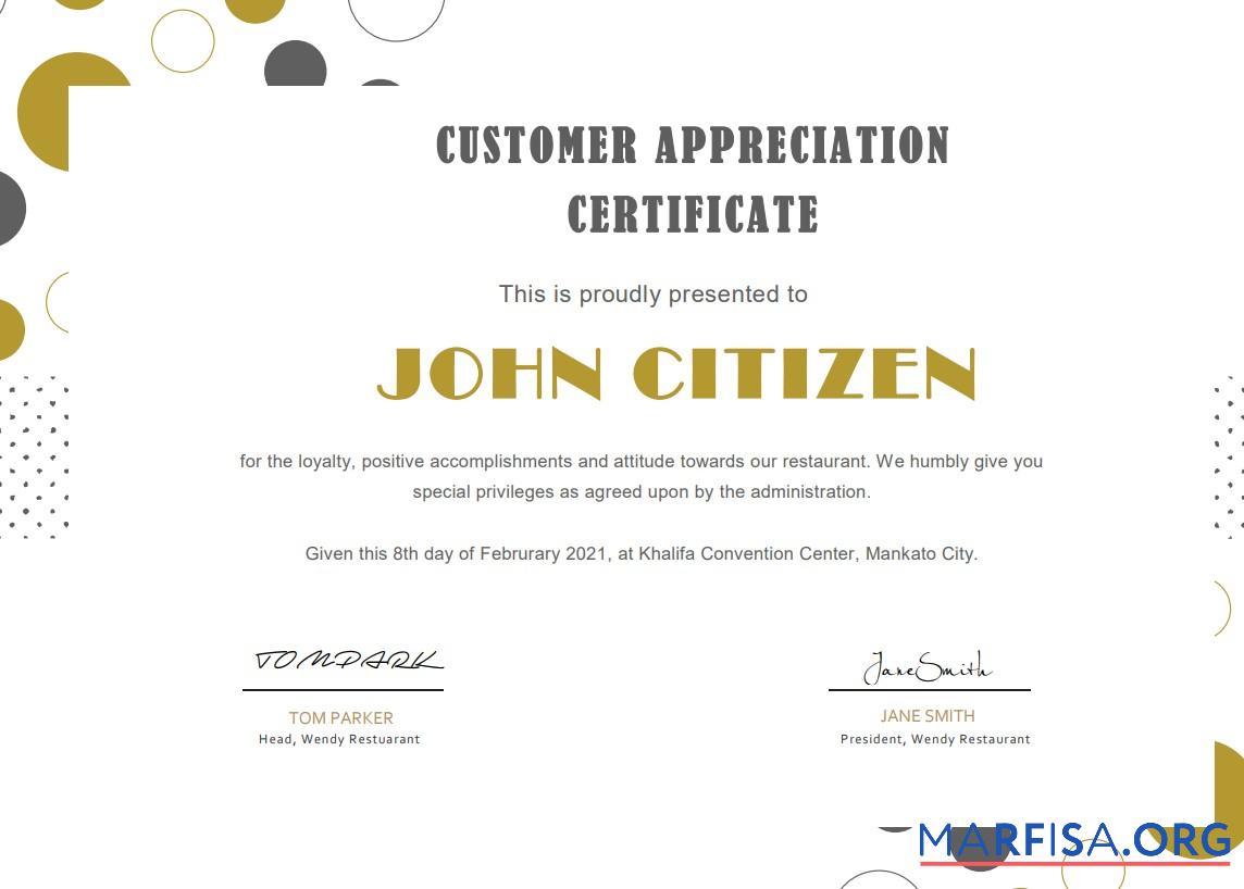 Blank USA Customer Appreciation Certificate template in Word and PDF format